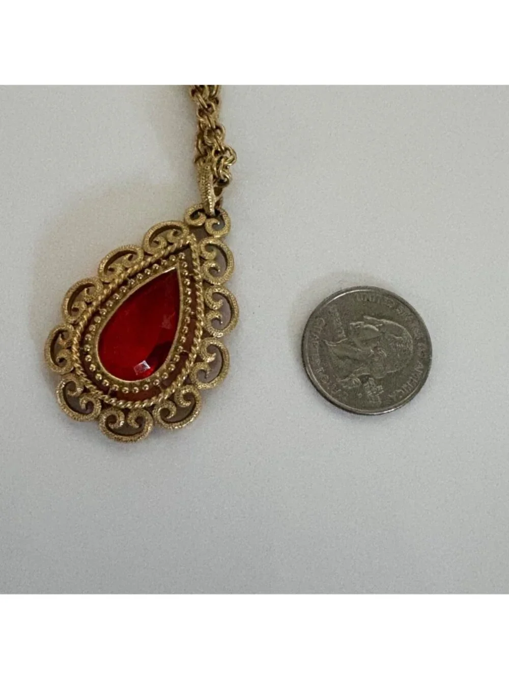 Long Gold Tone Necklace Orange Teardrop Pendant Ornate Filigree Design Jewelry